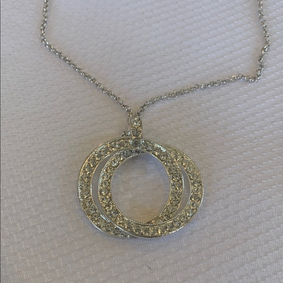 Liz Claiborne Jewelry - Liz Claiborne CZ Interlocked Circles Silver Tone Long Pendant Necklace